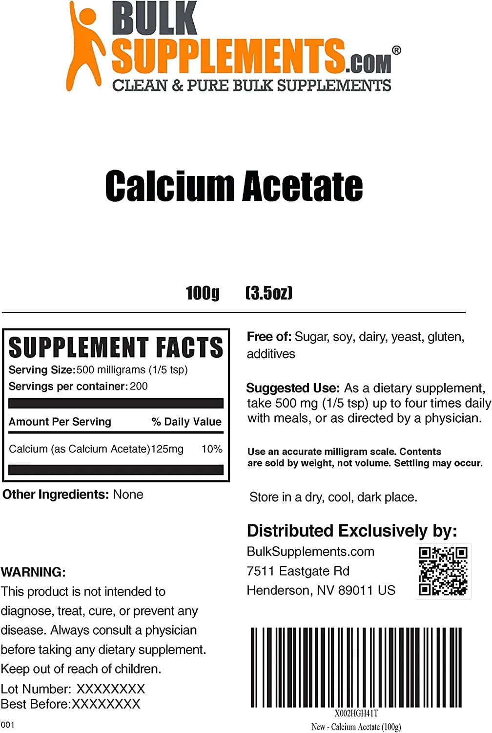 Calcium Acetate Powder 500mg 100 Grams V57058