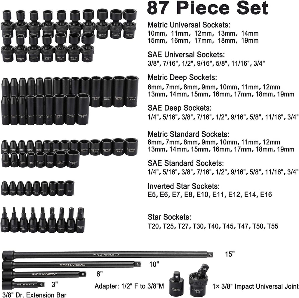 87 Pcs 3/8 Drive Impact Socket Set SAE & Metric CR-MO Steel E154