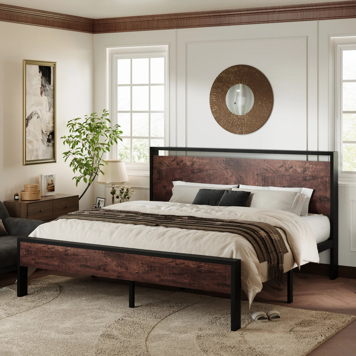 Walnut King Size Platform Bed Frame with Wood Headboard Z78930