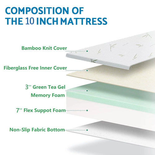10 inch King Size Green Tea Gel Memory Foam Mattress with Bamboo Knit Cover D548
