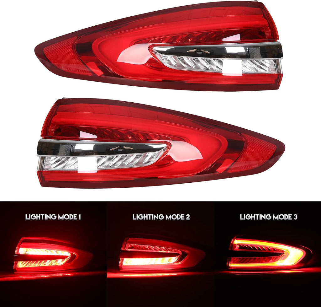 Outer Tail Light Compatible with 2017-2019 Ford Fusion Rear Brake Lamp Pair Red Lens Chrome housing V17289