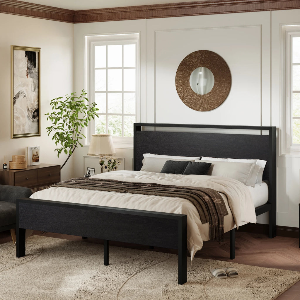 Walnut King Size Platform Bed Frame with Wood Headboard Z78930