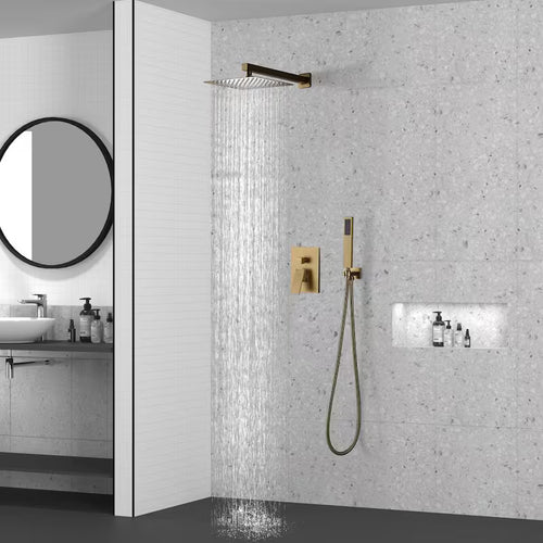 10 in. Wall Mount Dual Shower Heads with Hand Shower Faucet in Brushed Gold X270