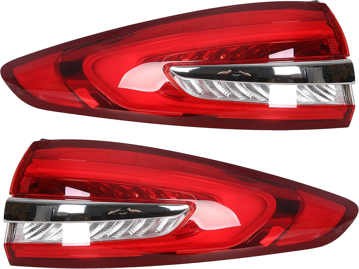 Outer Tail Light Compatible with 2017-2019 Ford Fusion Rear Brake Lamp Pair Red Lens Chrome housing V17289