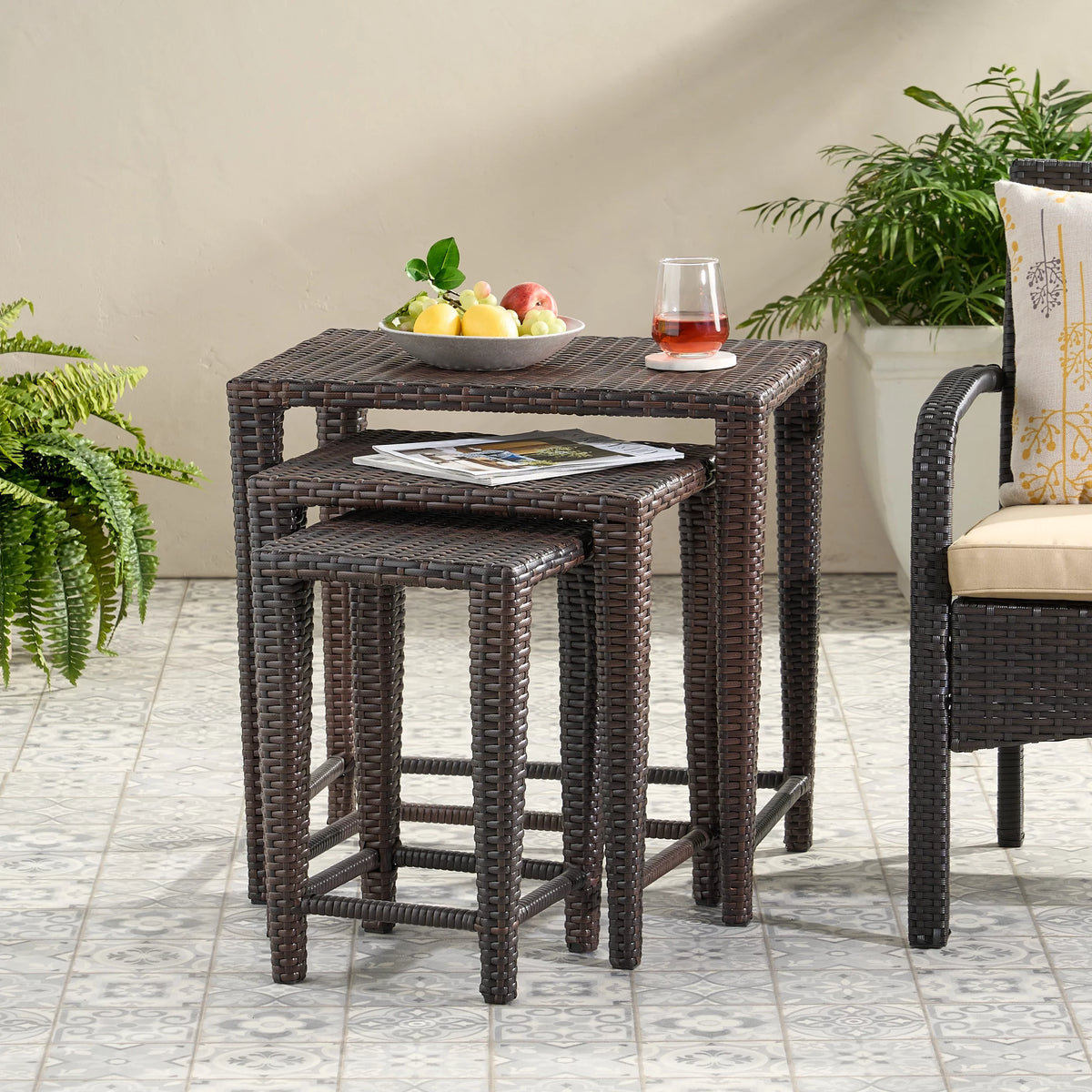 Brown Wicker Nested Tables Set of 3 S121